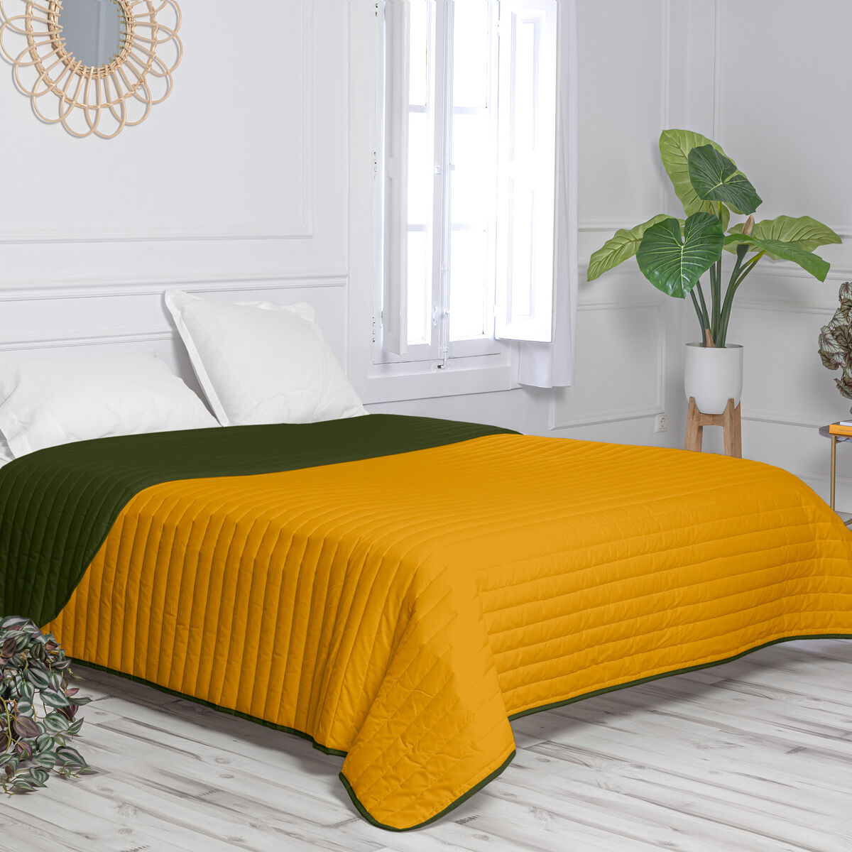 Cuvertură de pat reversibilă HappyFriday Basic Dash Galben Verde 180 x 260 cm